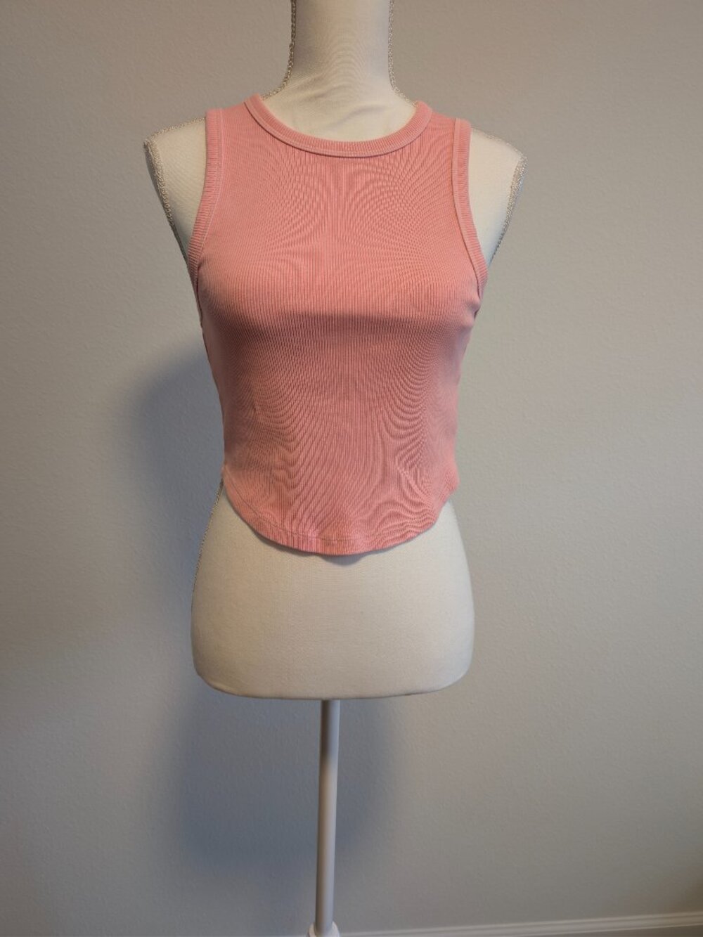 Aerie Pink Ribbed Cropped Tank Top High Neck Curved Hem Coquette Y2K Medium